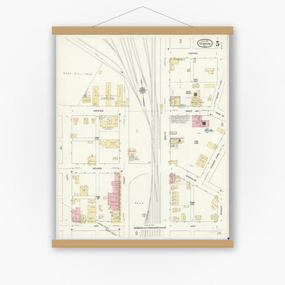 Old map wall art mockup — magnetic wood frame on white wall — Sanborn Fire Insurance Map from Yoakum, De Witt And Lavaca Counties, Texas (1912), Sheet #0005