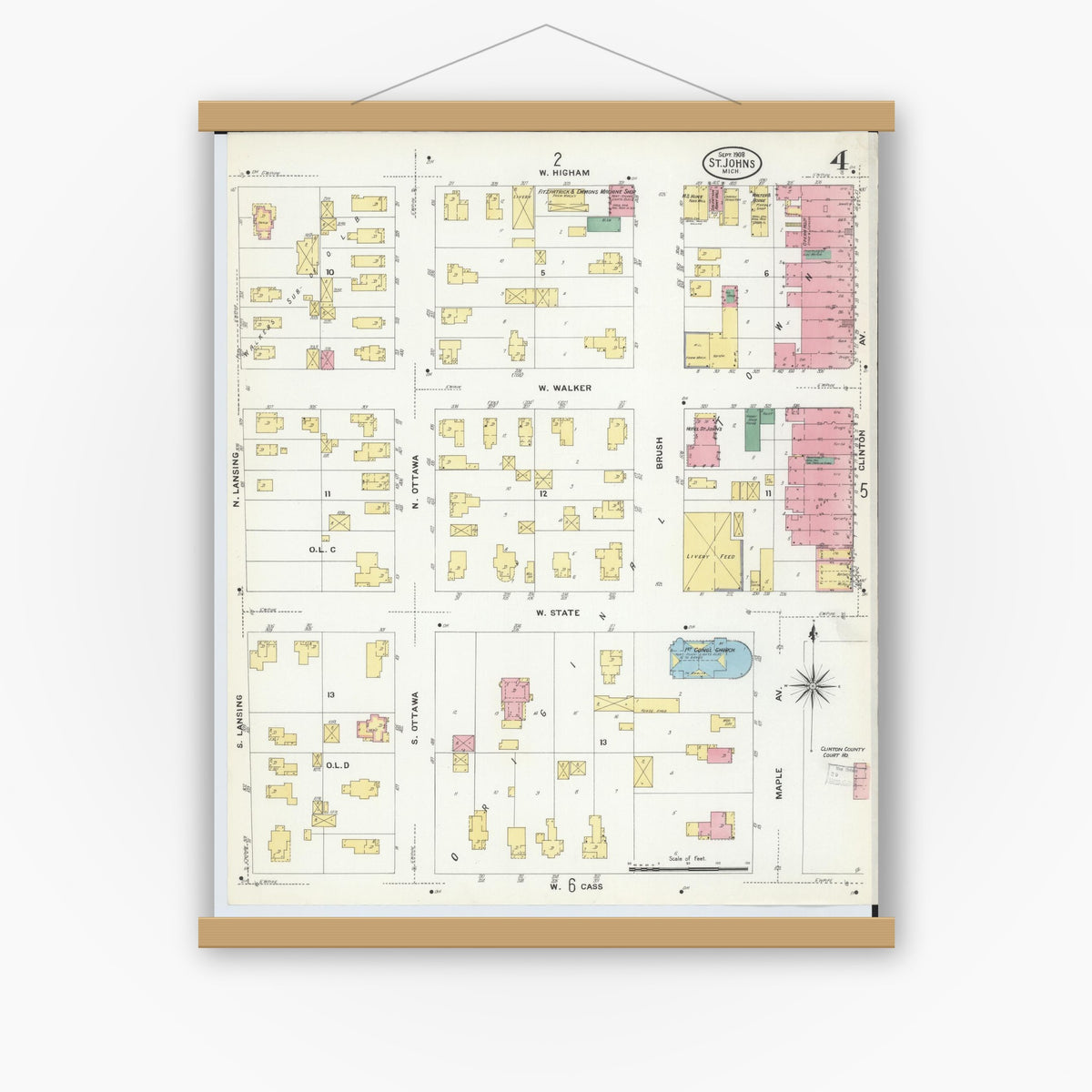 Old map wall art mockup — magnetic wood frame on white wall — Sanborn Fire Insurance Map from Saint Johns, Clinton County, Michigan (1908), Sheet #0004