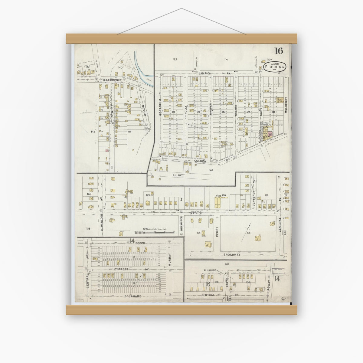 Old map wall art mockup — magnetic wood frame on white wall — Sanborn Fire Insurance Map from Flushing, Queens County, New York (1897), Sheet #0016