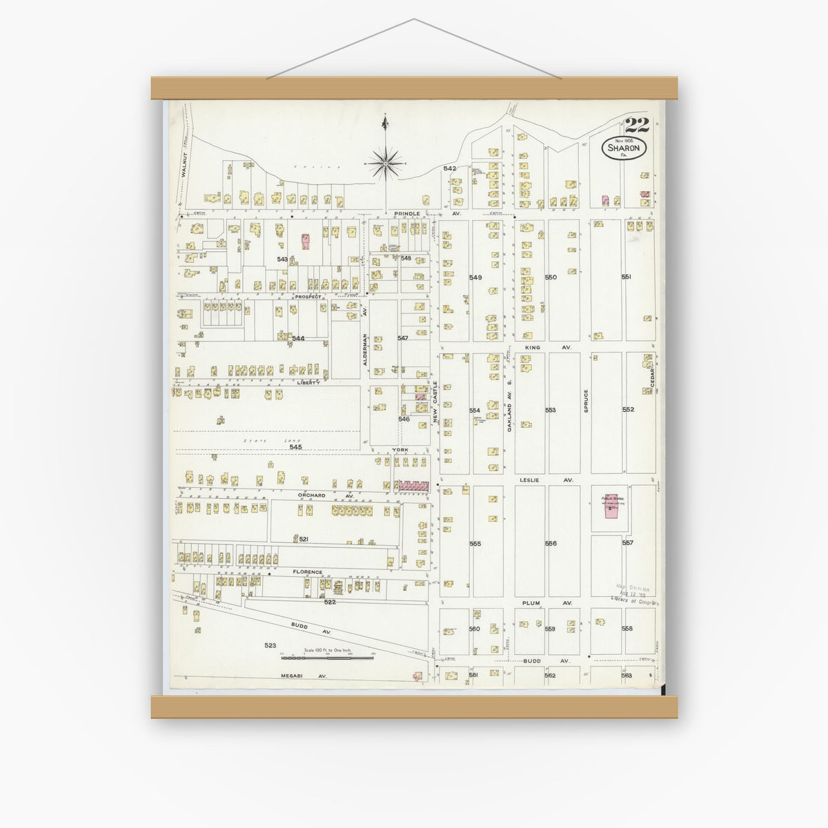 Old map wall art mockup — magnetic wood frame on white wall — Sanborn Fire Insurance Map from Sharon, Mercer County, Pennsylvania (1908), Sheet #0022
