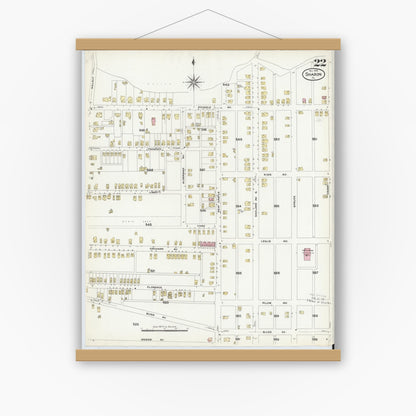 Old map wall art mockup — magnetic wood frame on white wall — Sanborn Fire Insurance Map from Sharon, Mercer County, Pennsylvania (1908), Sheet #0022