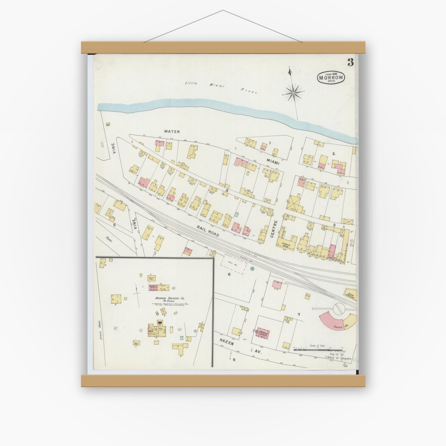 Old map wall art mockup — magnetic wood frame on white wall — Sanborn Fire Insurance Map from Morrow, Warren County, Ohio (1895), Sheet #0003