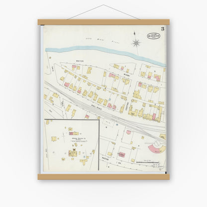 Old map wall art mockup — magnetic wood frame on white wall — Sanborn Fire Insurance Map from Morrow, Warren County, Ohio (1895), Sheet #0003