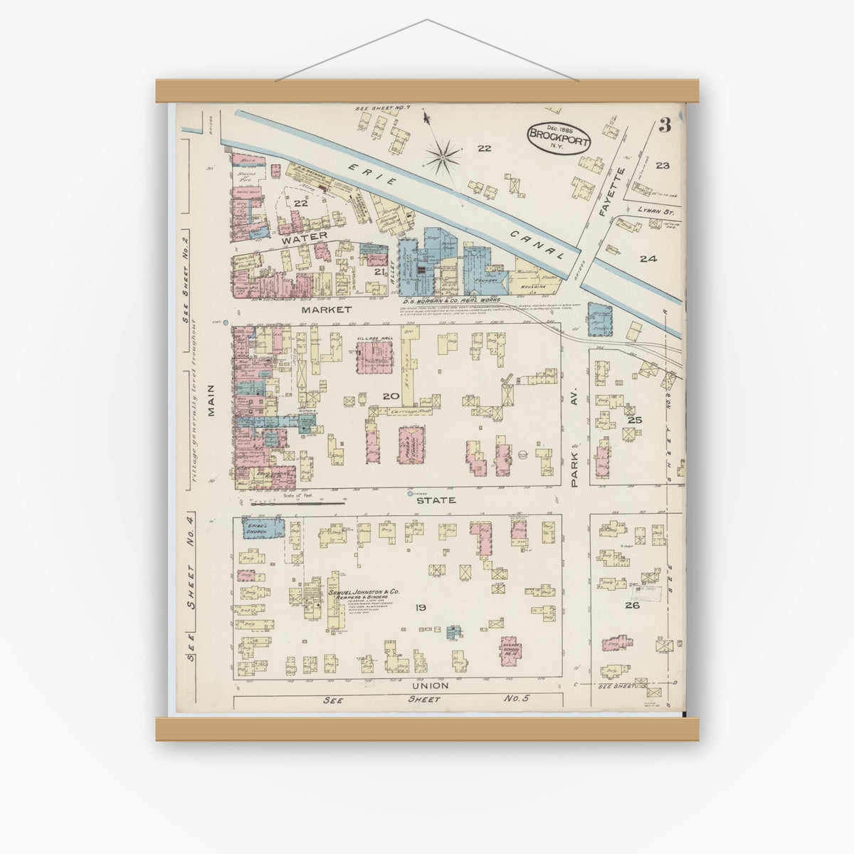 Old map wall art mockup — magnetic wood frame on white wall — Sanborn Fire Insurance Map from Brockport, Monroe County, New York (1885), Sheet #0003