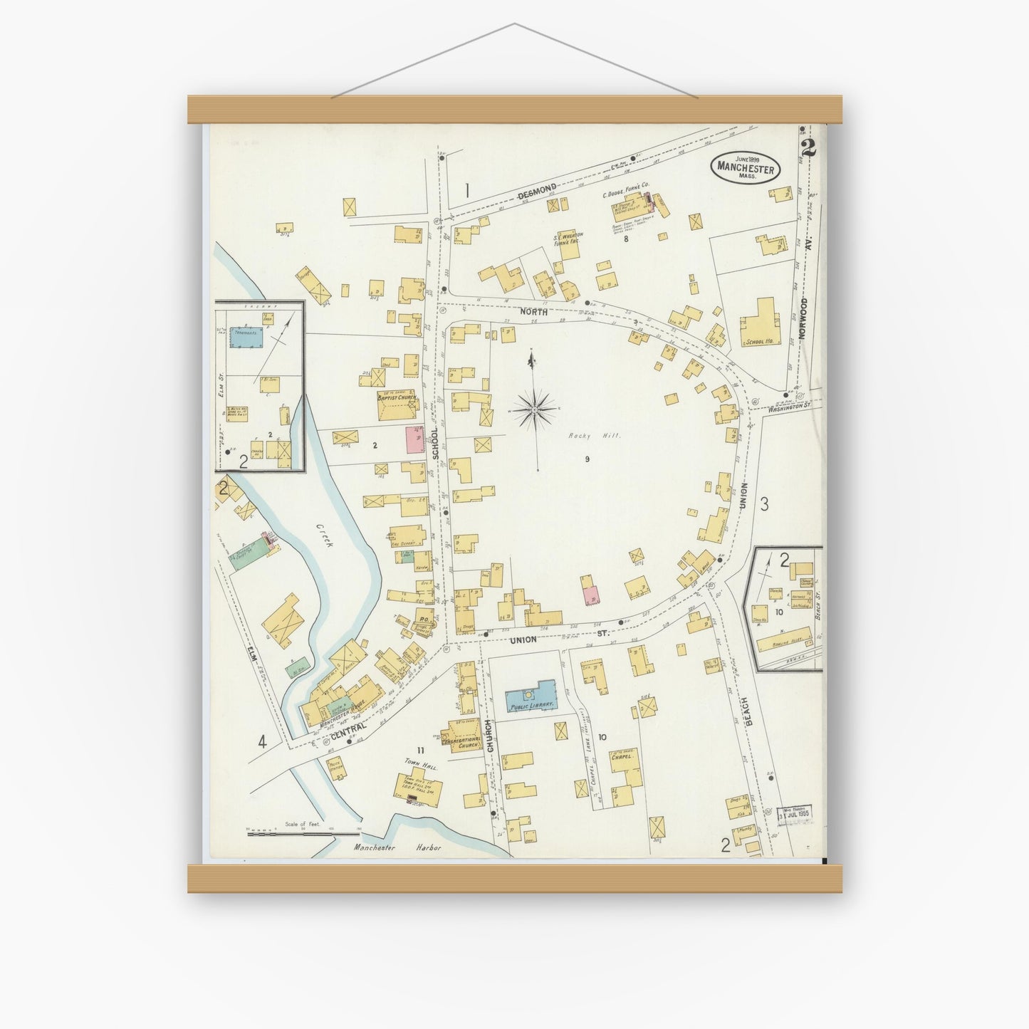Old map wall art mockup — magnetic wood frame on white wall — Sanborn Fire Insurance Map from Manchester, Essex County, Massachusetts (1899), Sheet #0002