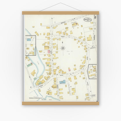 Old map wall art mockup — magnetic wood frame on white wall — Sanborn Fire Insurance Map from Manchester, Essex County, Massachusetts (1899), Sheet #0002