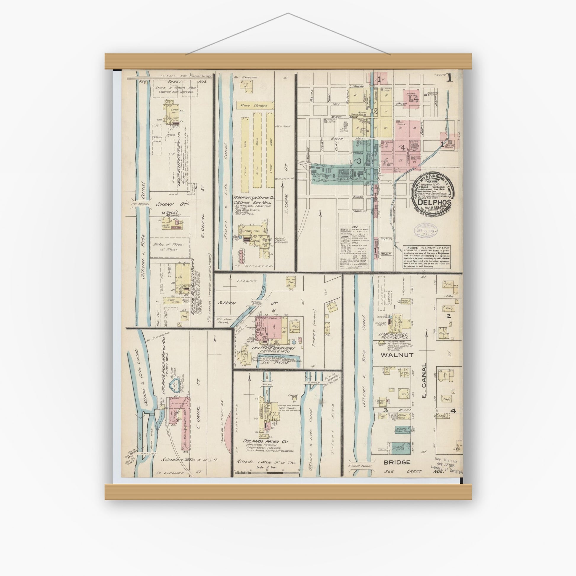Old map wall art mockup — magnetic wood frame on white wall — Sanborn Fire Insurance Map from Delphos, Van Wert And Allen Counties, Ohio (1884) - Complete Map Set