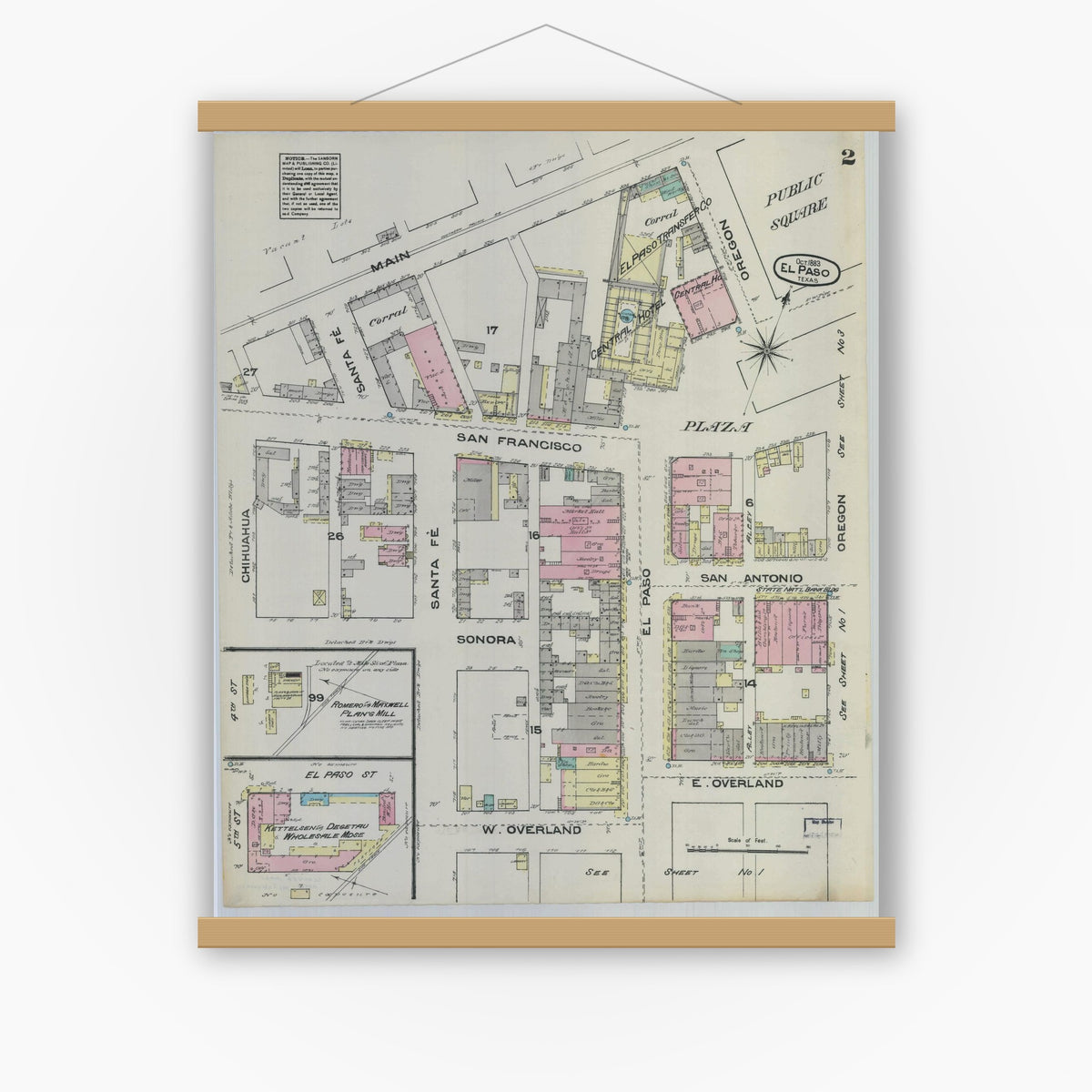 Old map wall art mockup — magnetic wood frame on white wall — Sanborn Fire Insurance Map from El Paso, El Paso County, Texas (1883), Sheet #0002