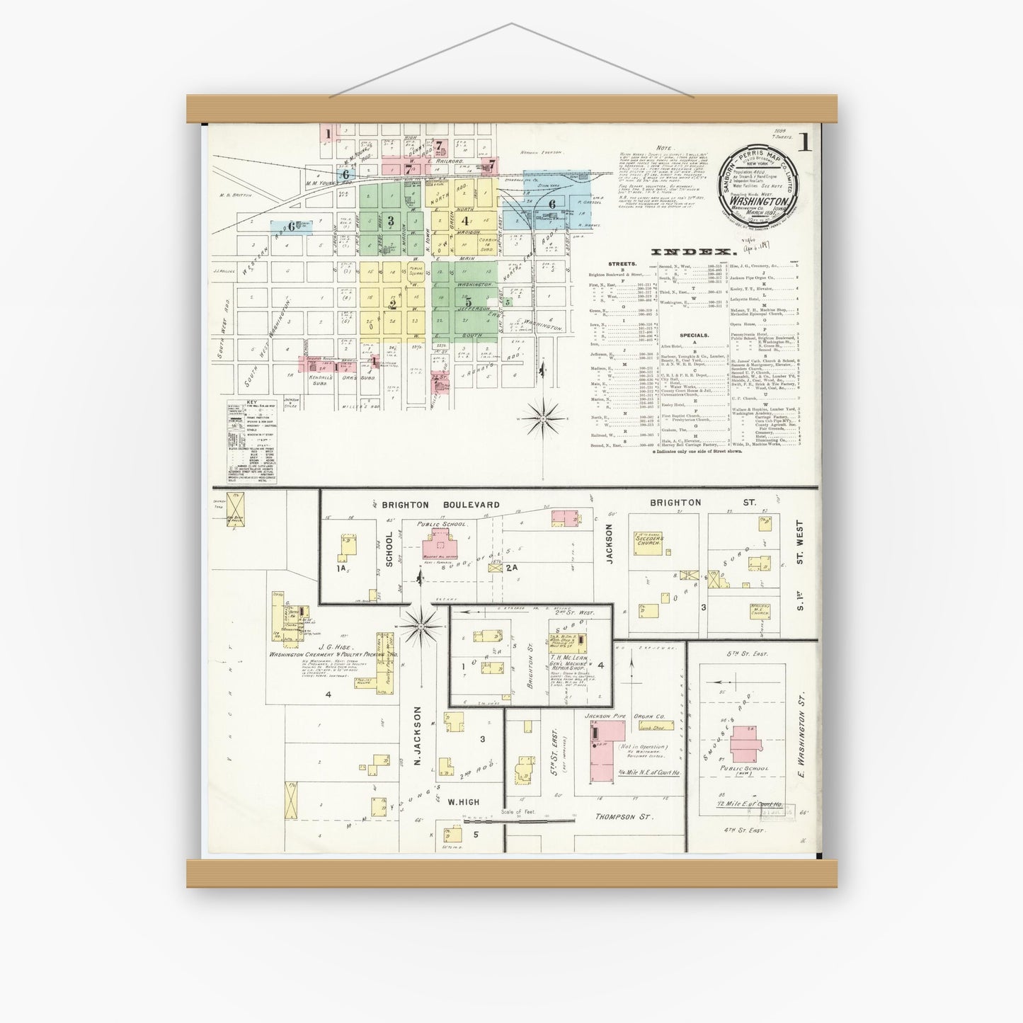 Old map wall art mockup — magnetic wood frame on white wall — Sanborn Fire Insurance Map from Washington, Washington County, Iowa (1897), Sheet #0001