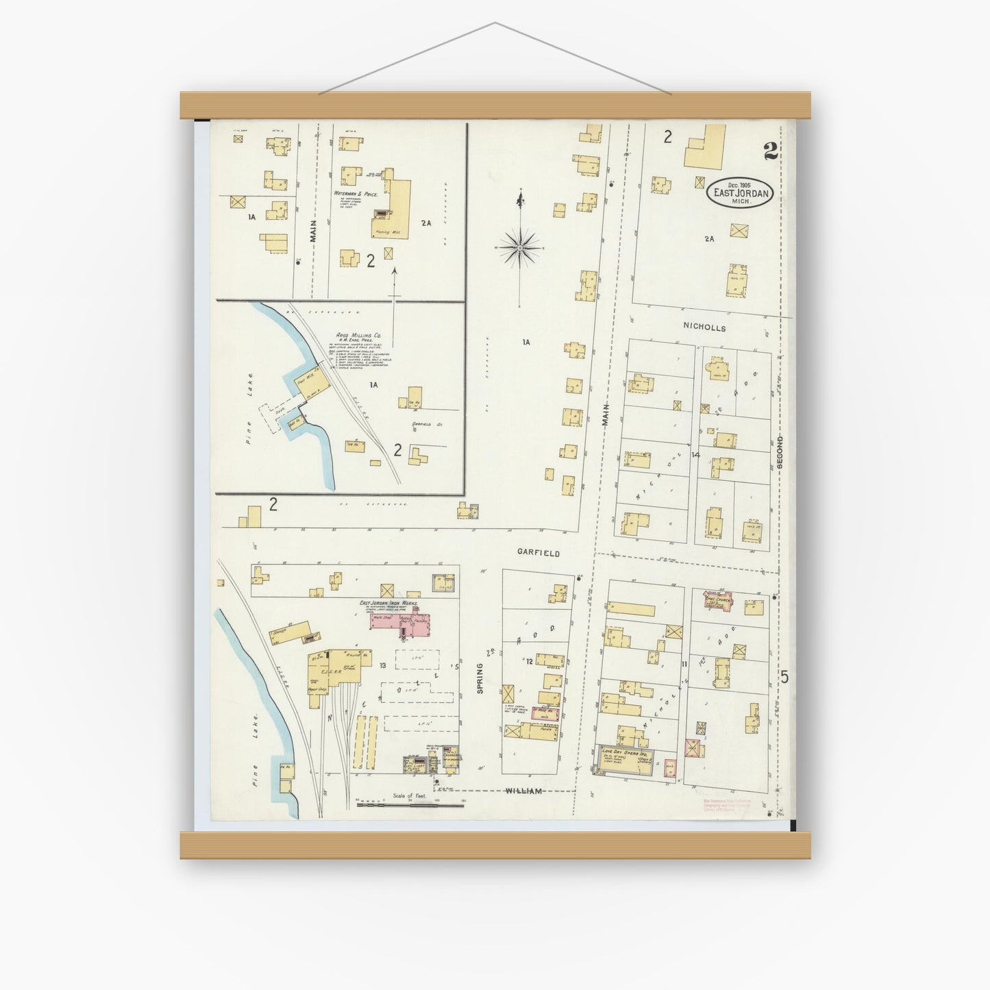 Old map wall art mockup — magnetic wood frame on white wall — Sanborn Fire Insurance Map from East Jordan, Charlevoix County, Michigan (1905), Sheet #0002