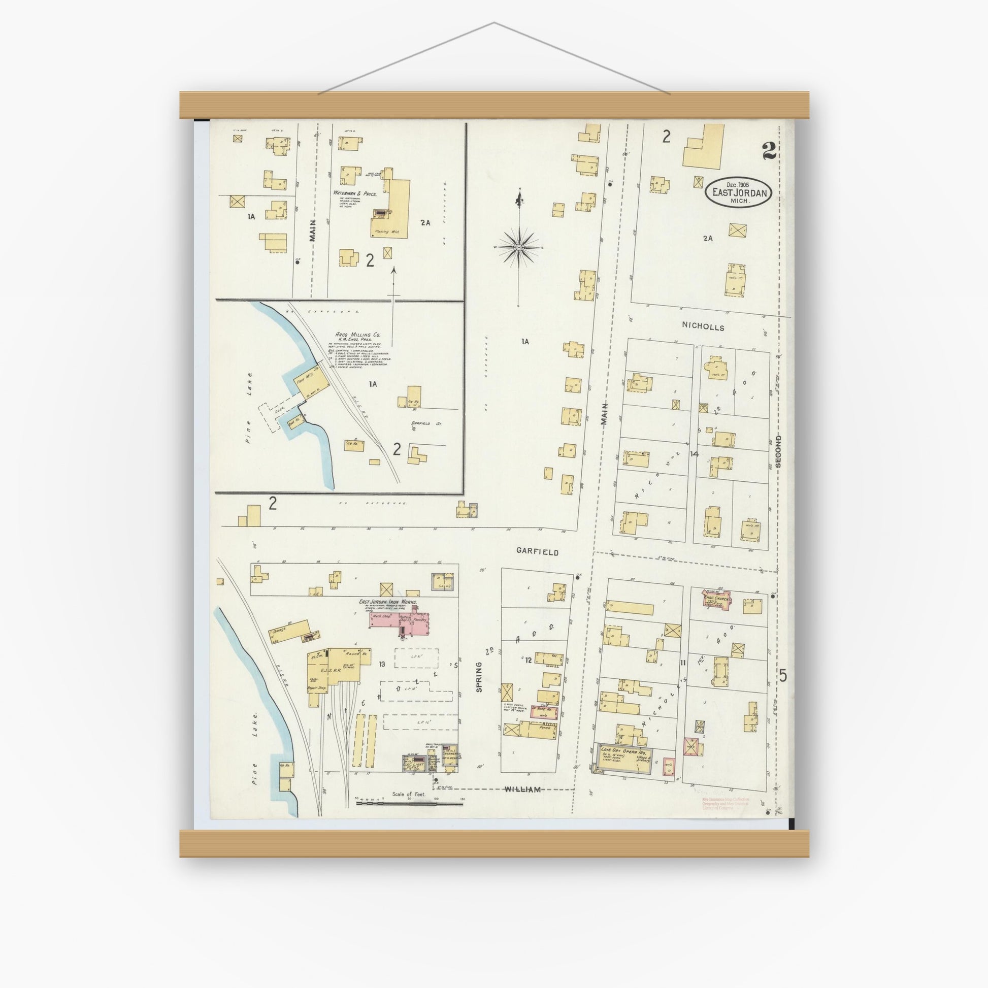Old map wall art mockup — magnetic wood frame on white wall — Sanborn Fire Insurance Map from East Jordan, Charlevoix County, Michigan (1905), Sheet #0002