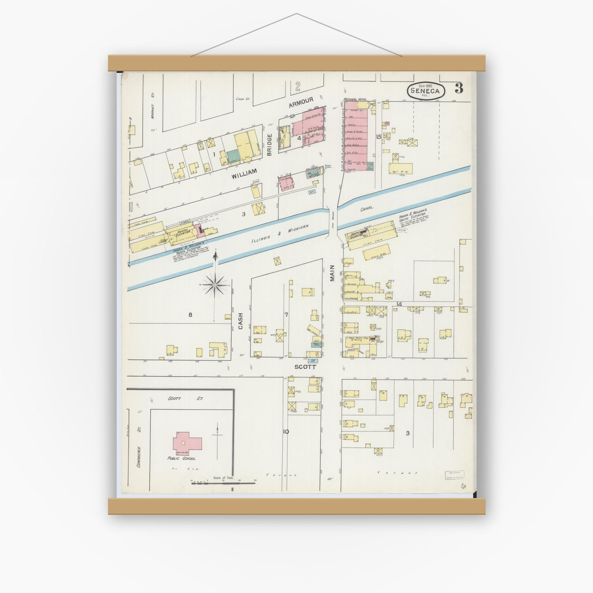 Old map wall art mockup — magnetic wood frame on white wall — Sanborn Fire Insurance Map from Seneca, La Salle County, Illinois (1893), Sheet #0003