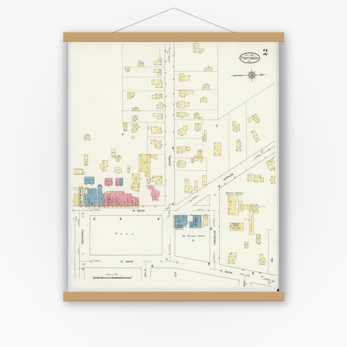 Old map wall art mockup — magnetic wood frame on white wall — Sanborn Fire Insurance Map from Prattsburgh, Steuben County, New York (1913), Sheet #0002