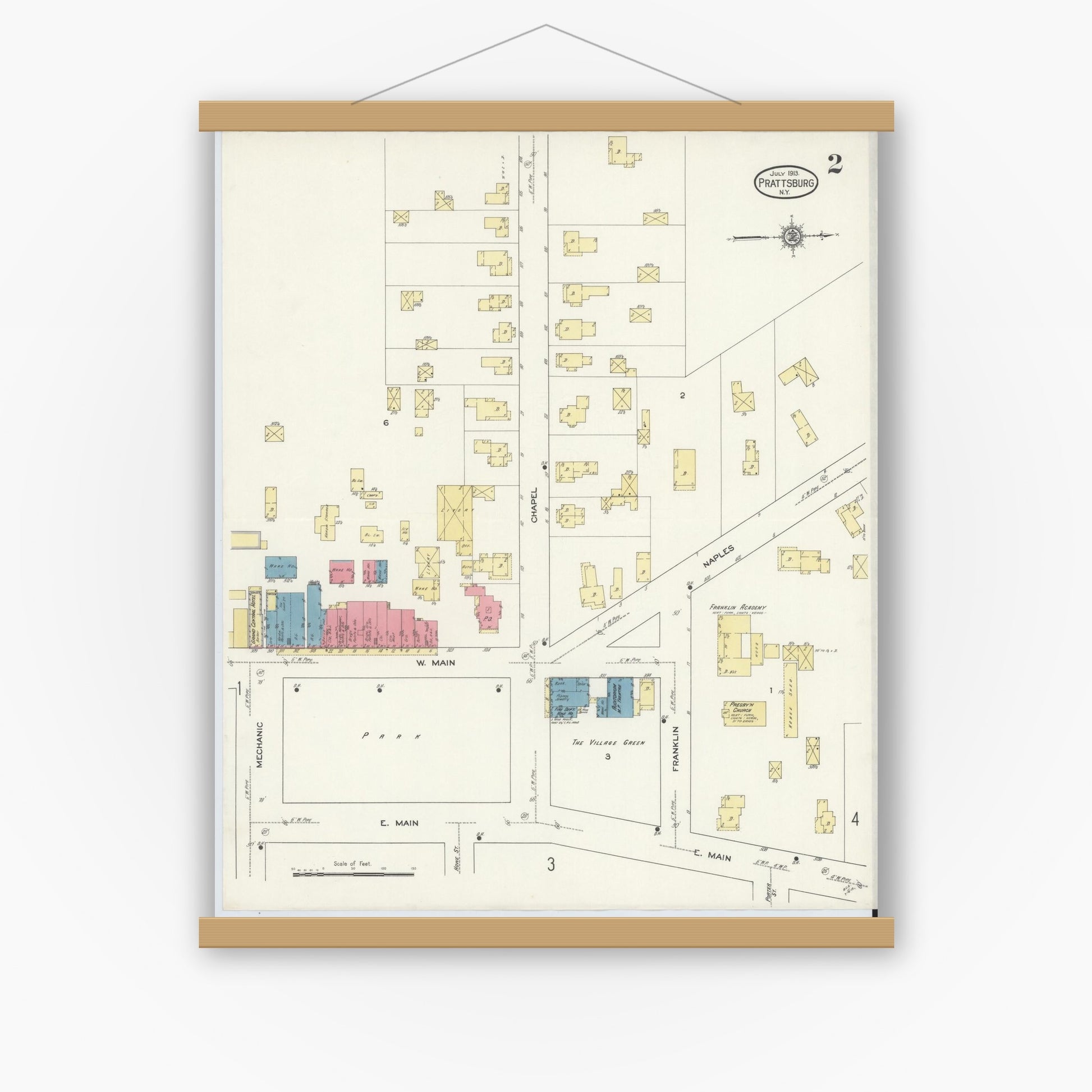 Old map wall art mockup — magnetic wood frame on white wall — Sanborn Fire Insurance Map from Prattsburgh, Steuben County, New York (1913), Sheet #0002