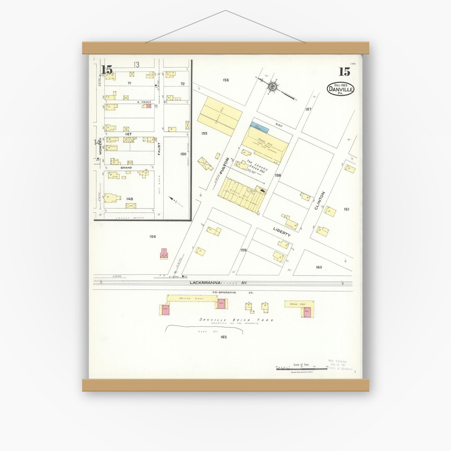 Old map wall art mockup — magnetic wood frame on white wall — Sanborn Fire Insurance Map from Danville, Montour County, Pennsylvania (1923), Sheet #0015