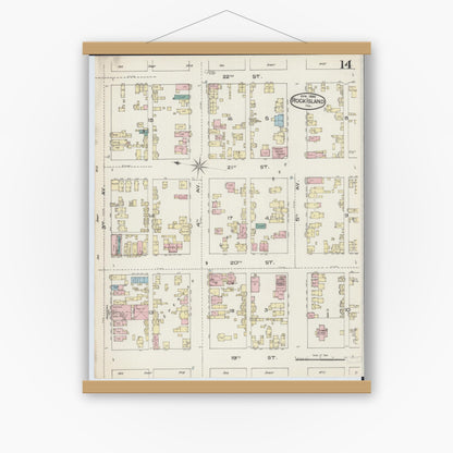 Old map wall art mockup — magnetic wood frame on white wall — Sanborn Fire Insurance Map from Rock Island, Rock Island County, Illinois (1886), Sheet #0014
