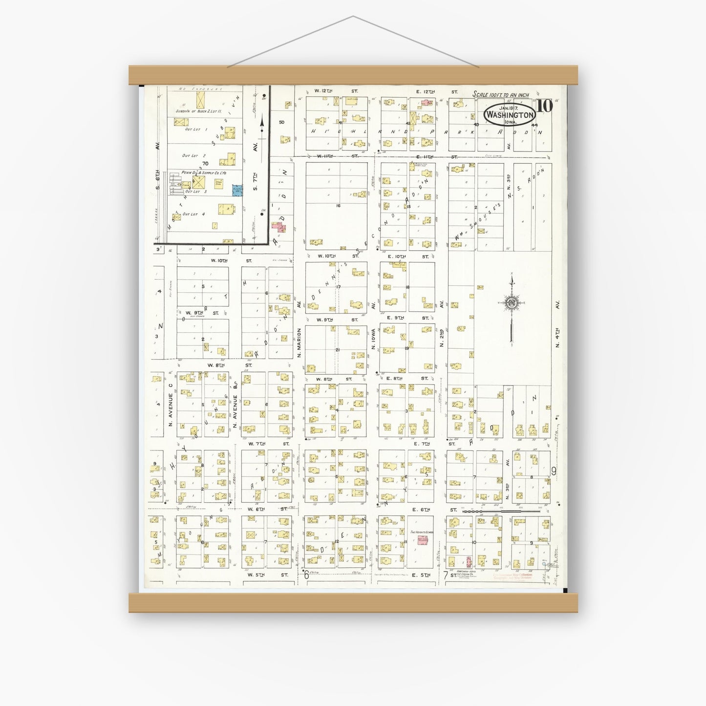 Old map wall art mockup — magnetic wood frame on white wall — Sanborn Fire Insurance Map from Washington, Washington County, Iowa (1917), Sheet #0010