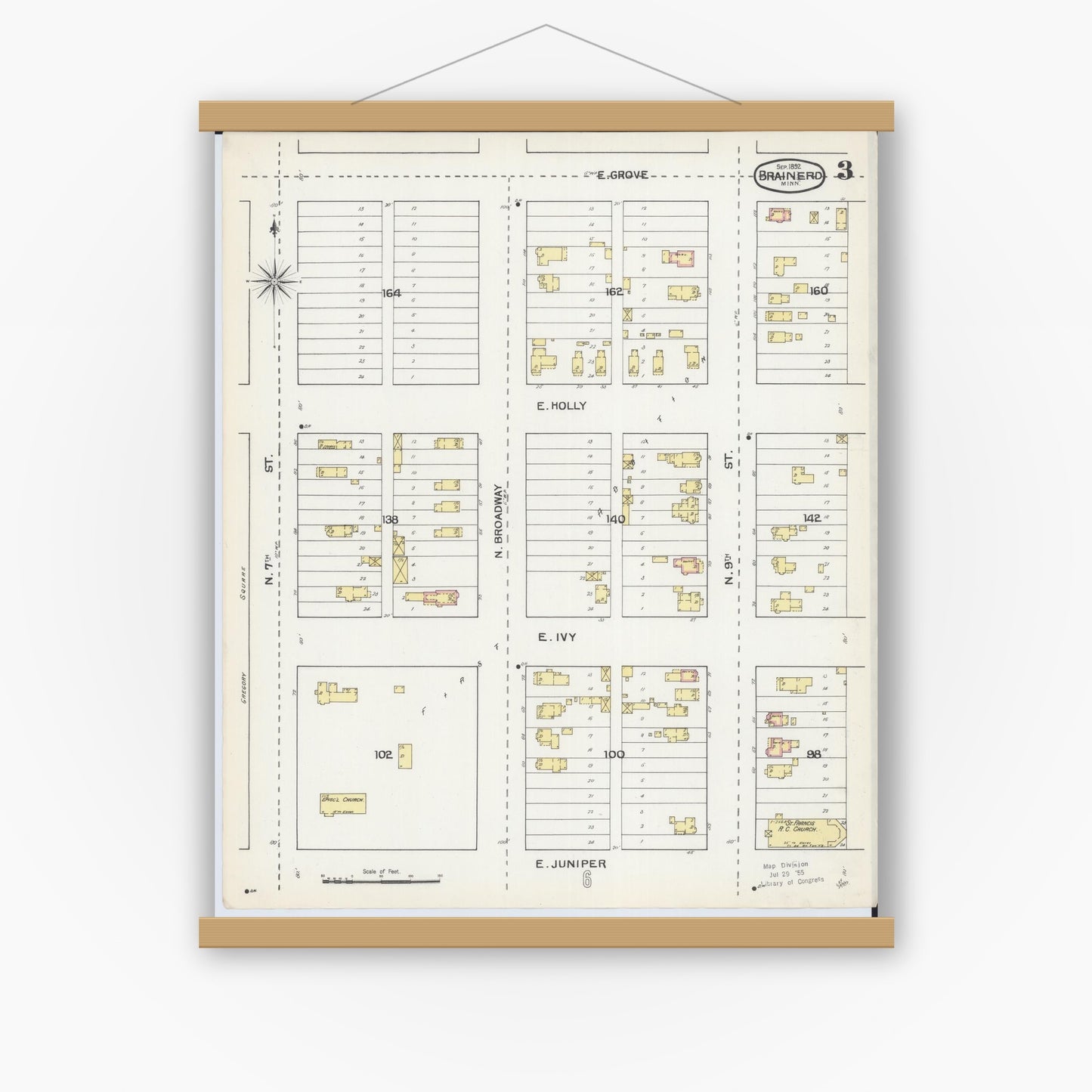 Old map wall art mockup — magnetic wood frame on white wall — Sanborn Fire Insurance Map from Brainerd, Crow Wing County, Minnesota (1892), Sheet #0003