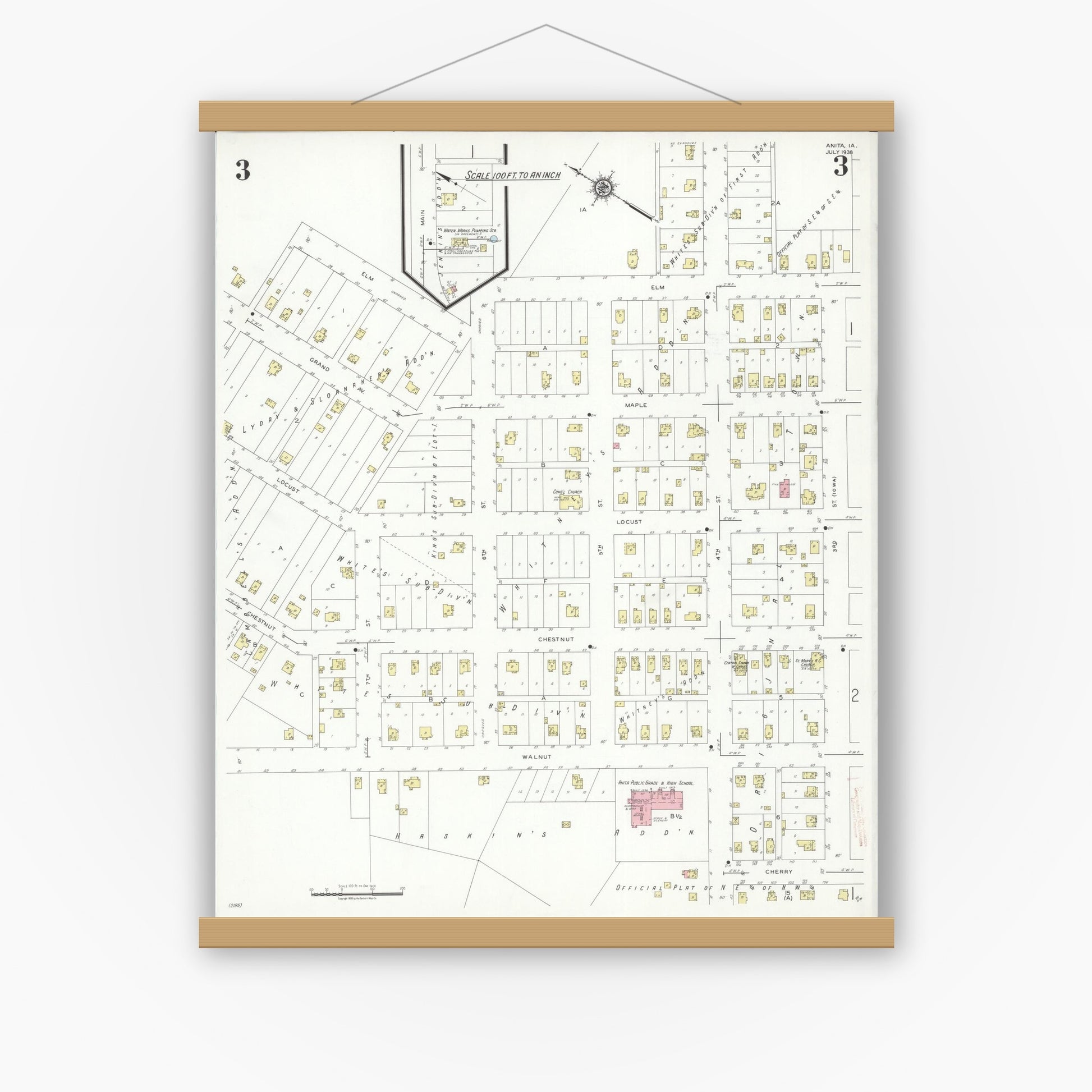 Old map wall art mockup — magnetic wood frame on white wall — Sanborn Fire Insurance Map from Anita, Cass County, Iowa (1938), Sheet #0003