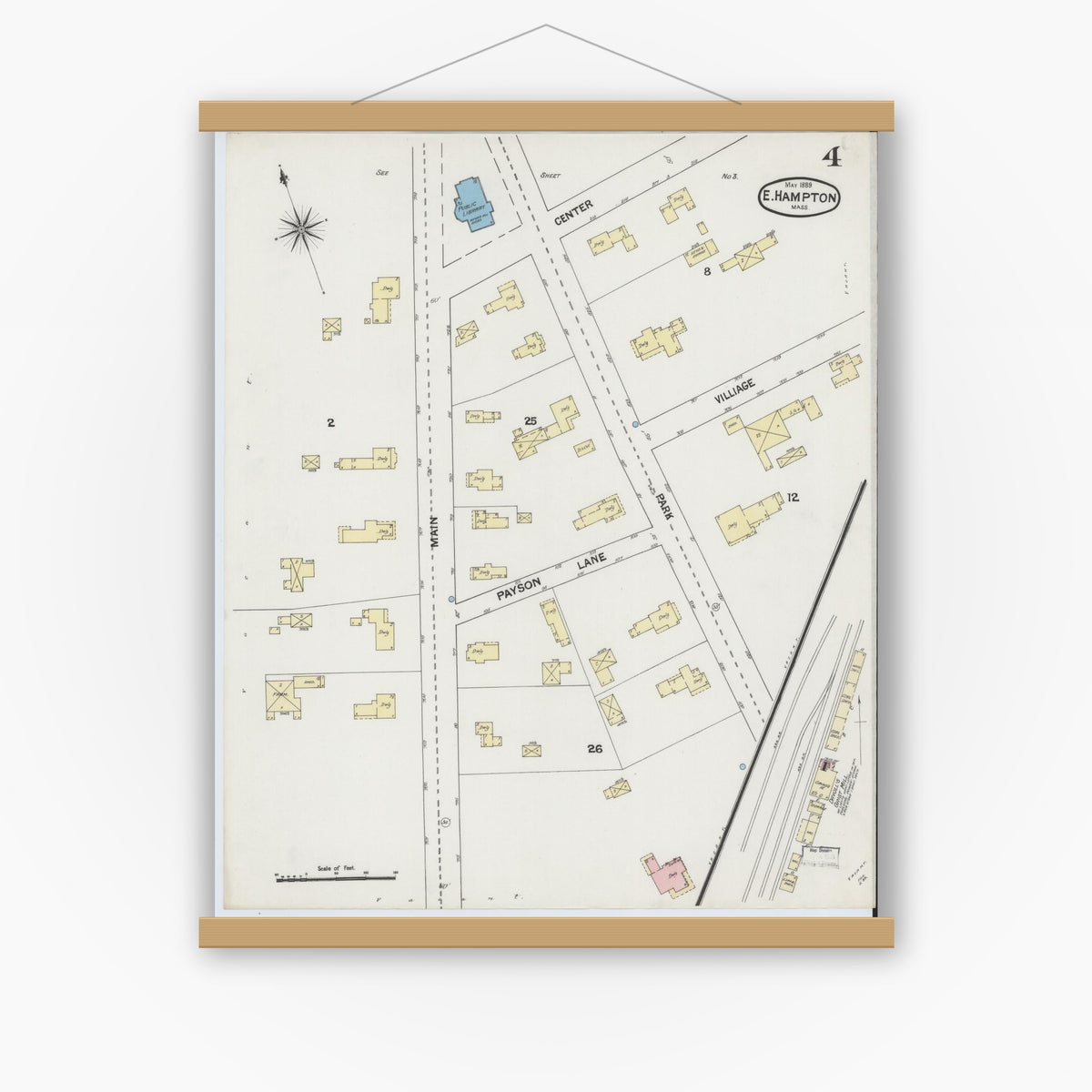 Old map wall art mockup — magnetic wood frame on white wall — Sanborn Fire Insurance Map from East Hampton, Hampshire County, Massachusetts (1889), Sheet #0004