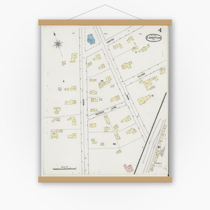Old map wall art mockup — magnetic wood frame on white wall — Sanborn Fire Insurance Map from East Hampton, Hampshire County, Massachusetts (1889), Sheet #0004
