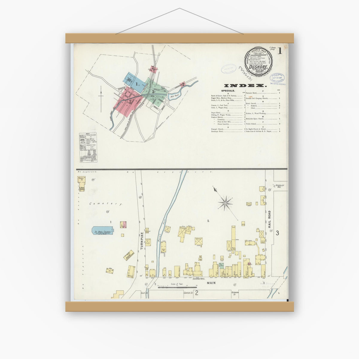 Old map wall art mockup — magnetic wood frame on white wall — Sanborn Fire Insurance Map from Dushore, Sullivan County, Pennsylvania (1897) - Complete Map Set