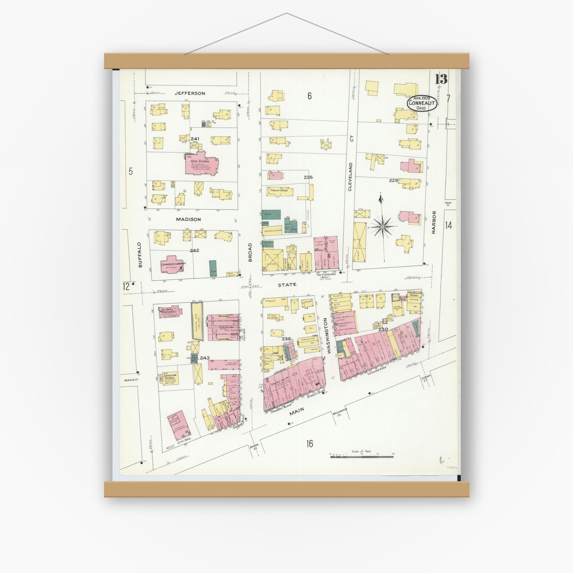 Old map wall art mockup — magnetic wood frame on white wall — Sanborn Fire Insurance Map from Conneaut, Ashtabula County, Ohio (1909), Sheet #0013