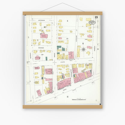 Old map wall art mockup — magnetic wood frame on white wall — Sanborn Fire Insurance Map from Conneaut, Ashtabula County, Ohio (1909), Sheet #0013
