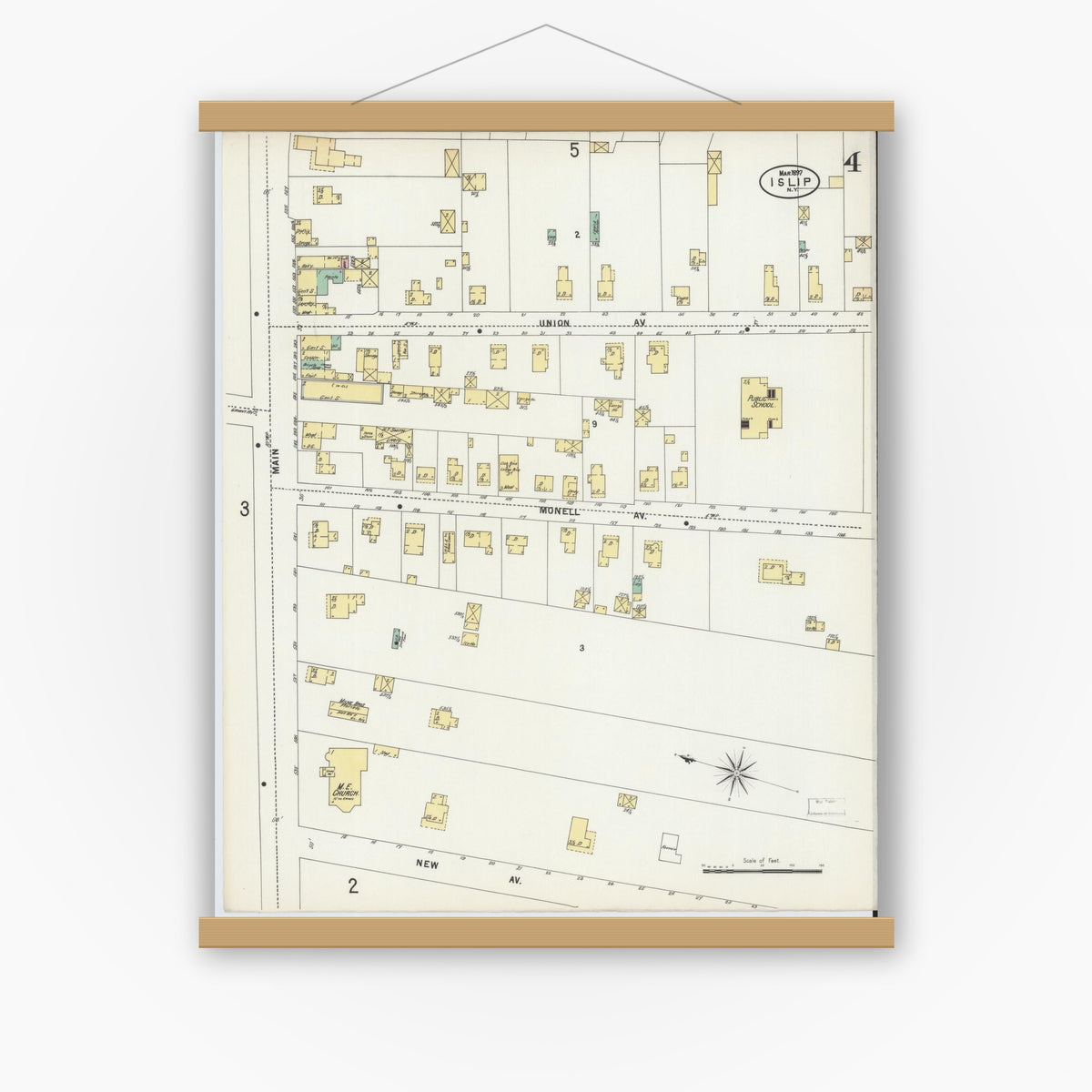 Old map wall art mockup — magnetic wood frame on white wall — Sanborn Fire Insurance Map from Islip, Suffolk County, New York (1897), Sheet #0004
