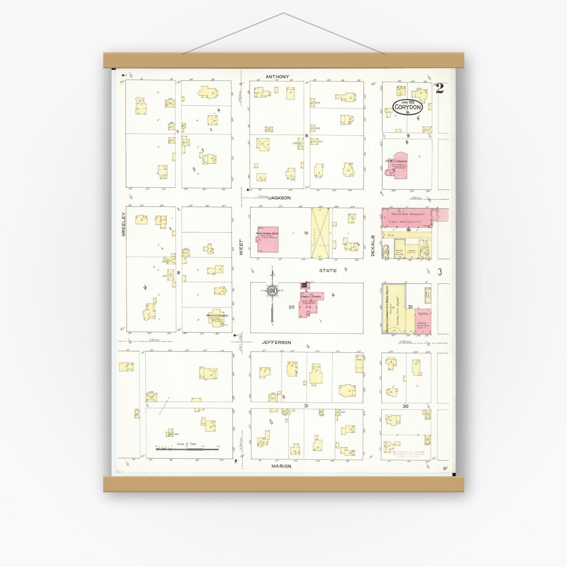 Old map wall art mockup — magnetic wood frame on white wall — Sanborn Fire Insurance Map from Corydon, Wayne County, Iowa (1913), Sheet #0002