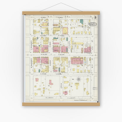 Old map wall art mockup — magnetic wood frame on white wall — Sanborn Fire Insurance Map from Webb City, Jasper County, Missouri (1893), Sheet #0003