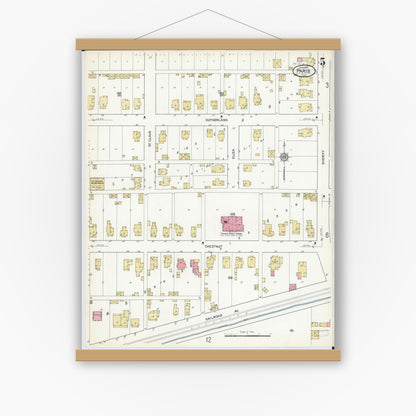 Old map wall art mockup — magnetic wood frame on white wall — Sanborn Fire Insurance Map from Paris, Edgar County, Illinois (1916), Sheet #0005