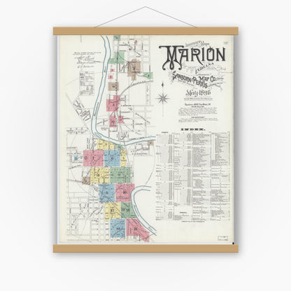 Old map wall art mockup — magnetic wood frame on white wall — Sanborn Fire Insurance Map from Marion, Grant County, Indiana (1896) - Complete Map Set