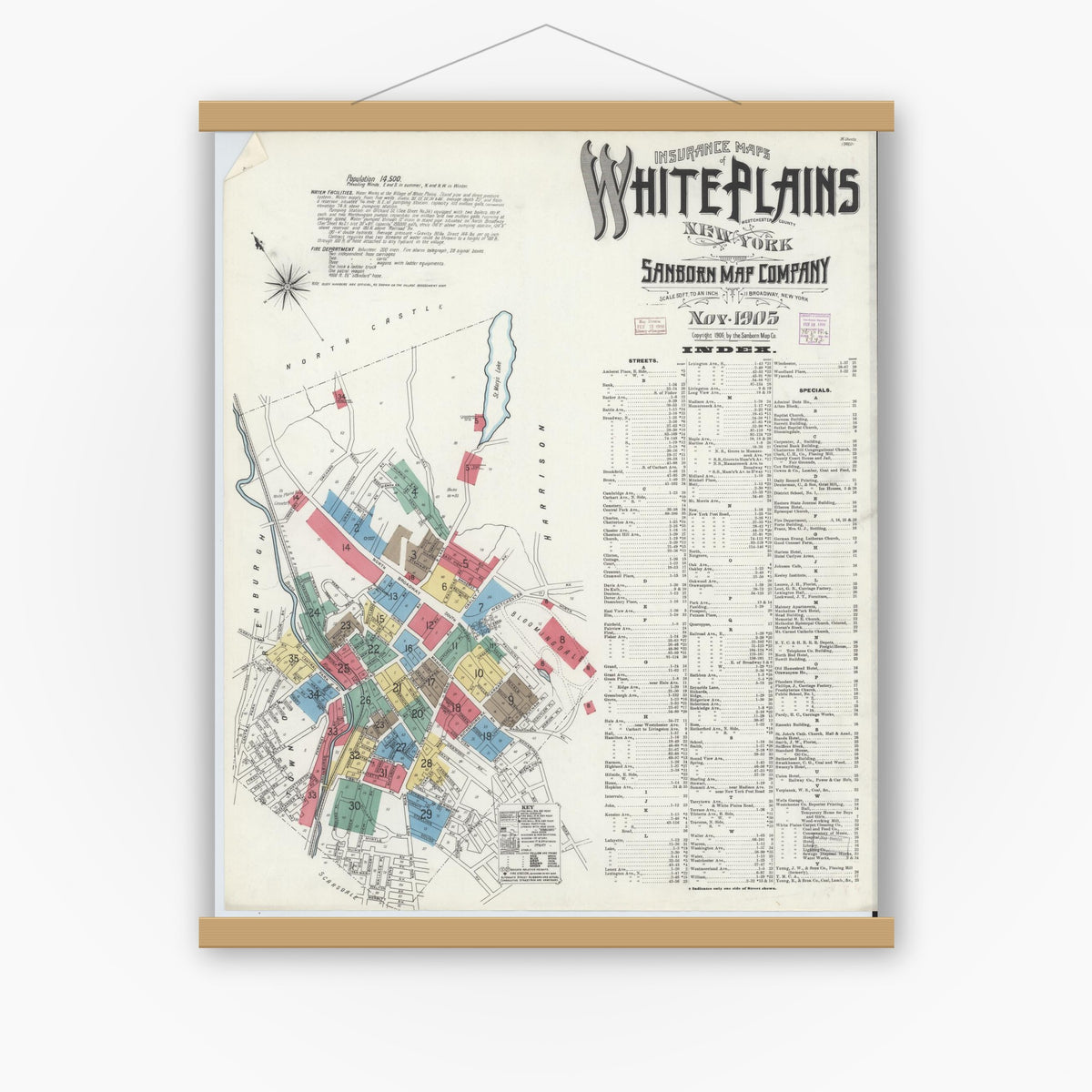 Old map wall art mockup — magnetic wood frame on white wall — Sanborn Fire Insurance Map from White Plains, Westchester County, New York (1905) - Complete Map Set