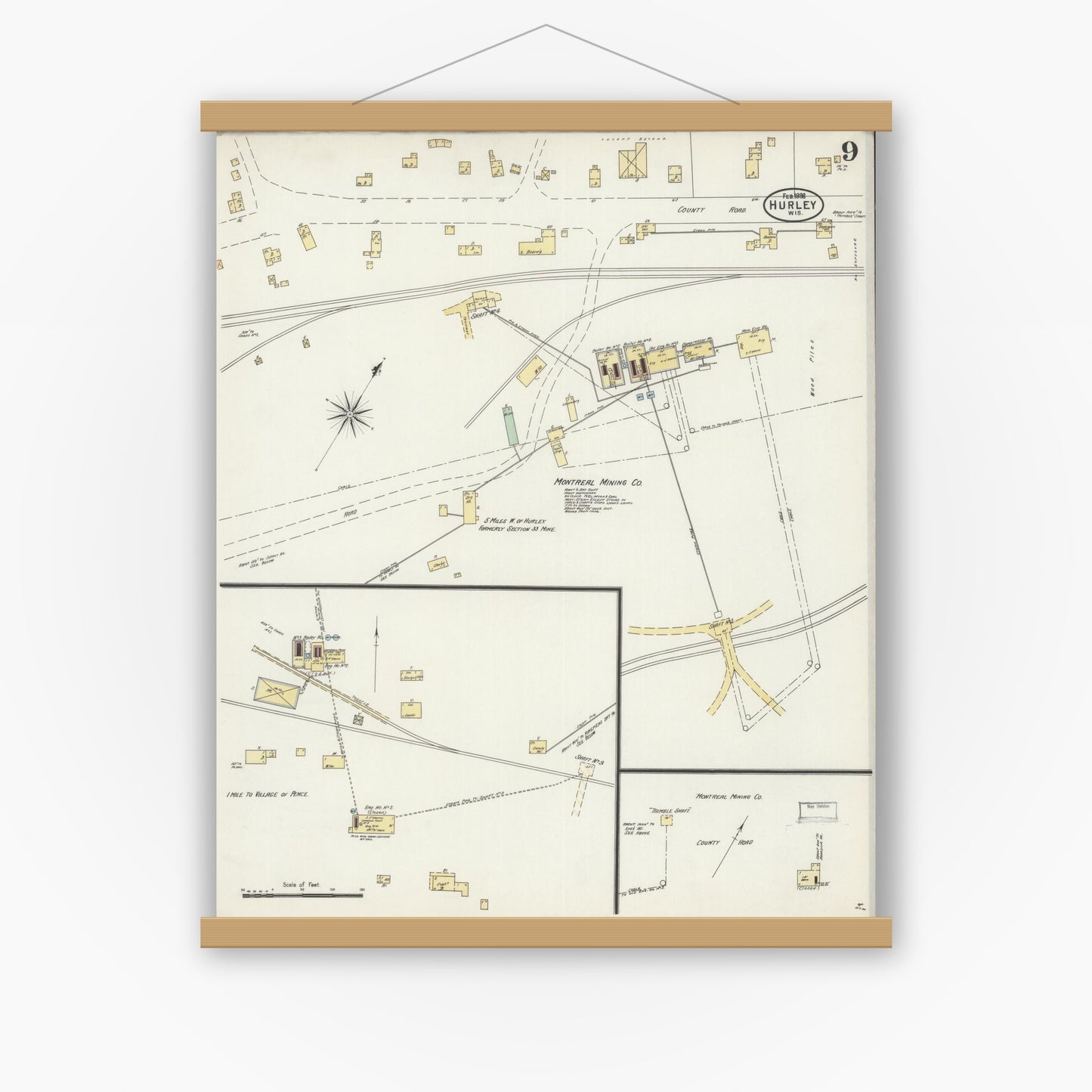 Old map wall art mockup — magnetic wood frame on white wall — Sanborn Fire Insurance Map from Hurley, Iron County, Wisconsin (1898), Sheet #0009