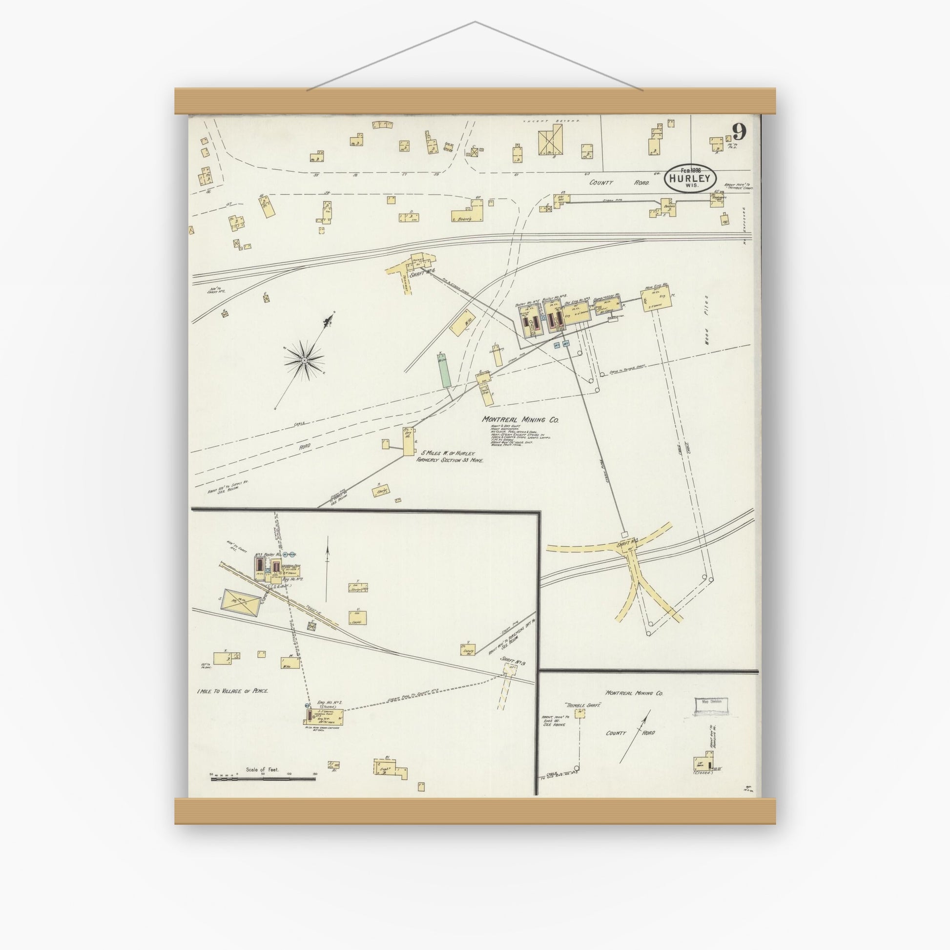 Old map wall art mockup — magnetic wood frame on white wall — Sanborn Fire Insurance Map from Hurley, Iron County, Wisconsin (1898), Sheet #0009