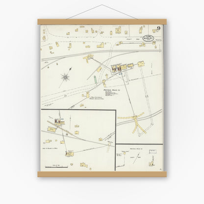 Old map wall art mockup — magnetic wood frame on white wall — Sanborn Fire Insurance Map from Hurley, Iron County, Wisconsin (1898), Sheet #0009