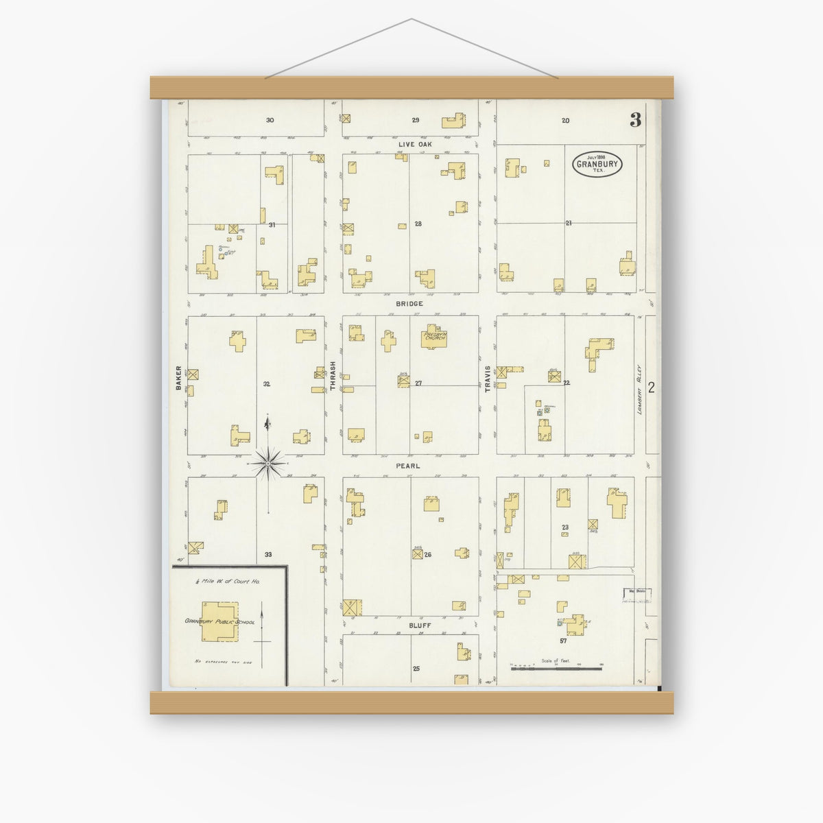 Old map wall art mockup — magnetic wood frame on white wall — Sanborn Fire Insurance Map from Granbury, Hood County, Texas (1898), Sheet #0003