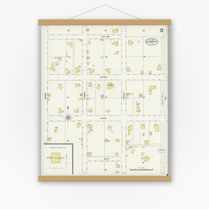 Old map wall art mockup — magnetic wood frame on white wall — Sanborn Fire Insurance Map from Granbury, Hood County, Texas (1898), Sheet #0003