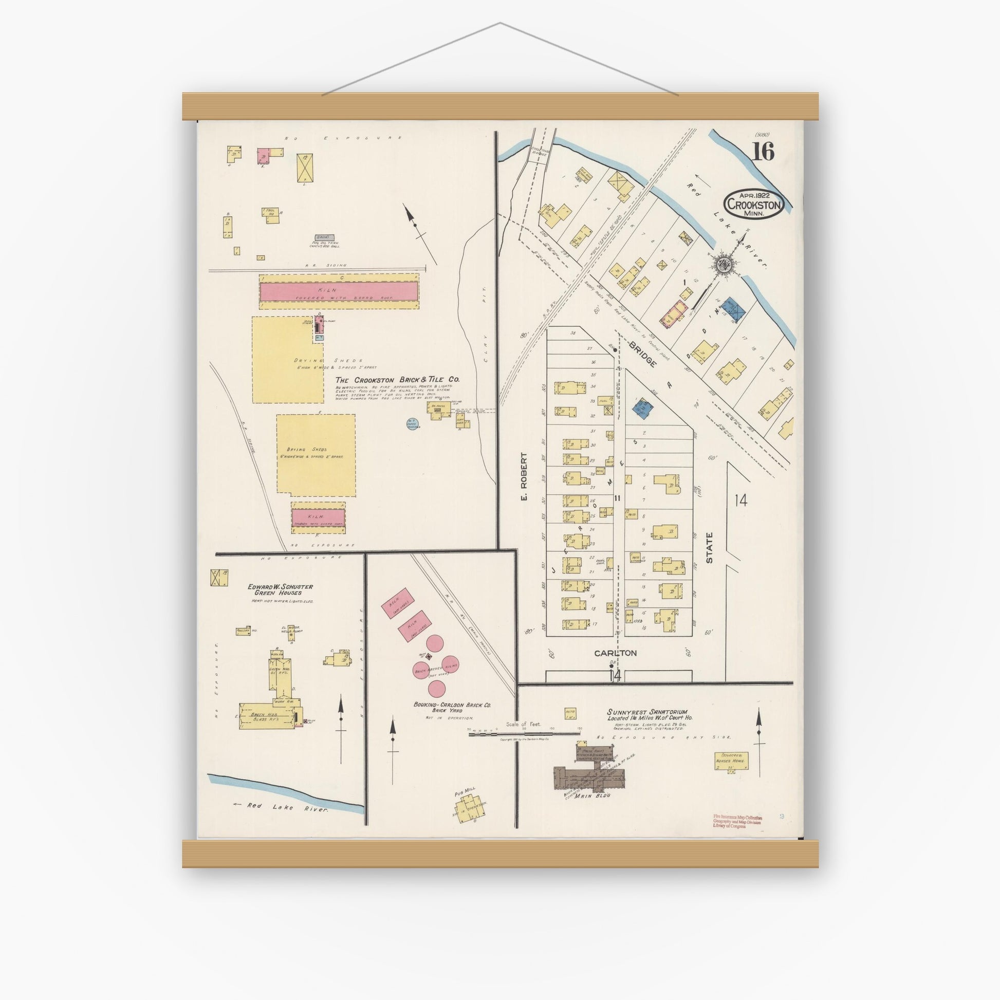 Old map wall art mockup — magnetic wood frame on white wall — Sanborn Fire Insurance Map from Crookston, Polk County, Minnesota (1922), Sheet #0016