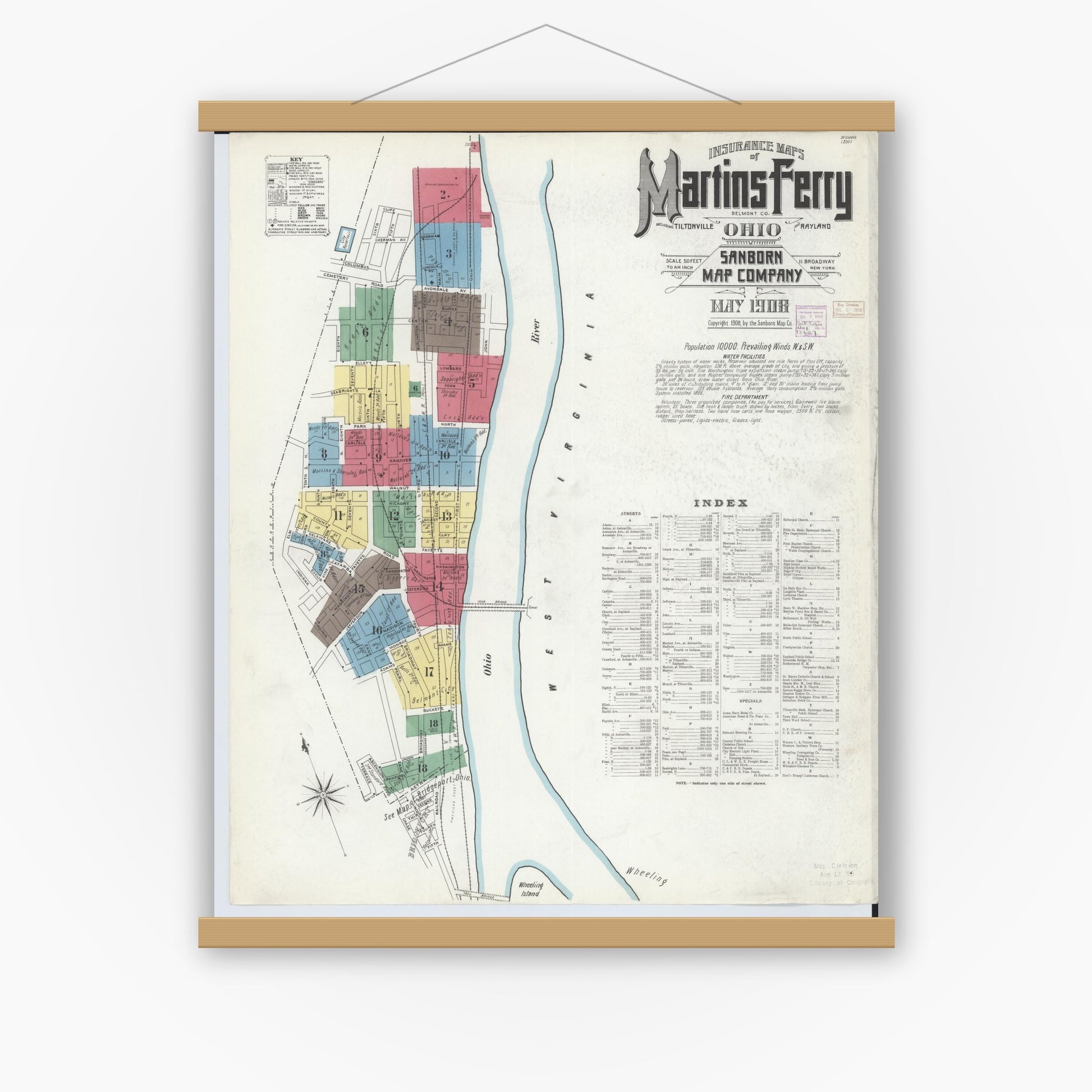 Old map wall art mockup — magnetic wood frame on white wall — Sanborn Fire Insurance Map from Martins Ferry, Belmont County, Ohio (1908) - Complete Map Set