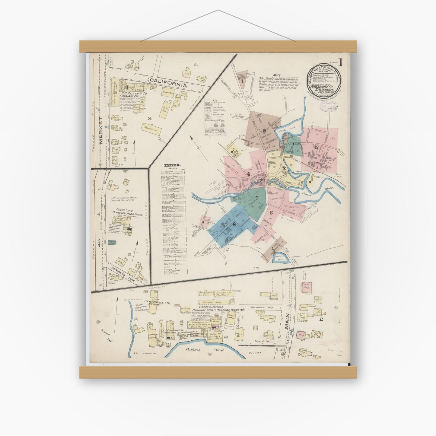 Old map wall art mockup — magnetic wood frame on white wall — Sanborn Fire Insurance Map from Amesbury, Essex County, Massachusetts (1885), Sheet #0001