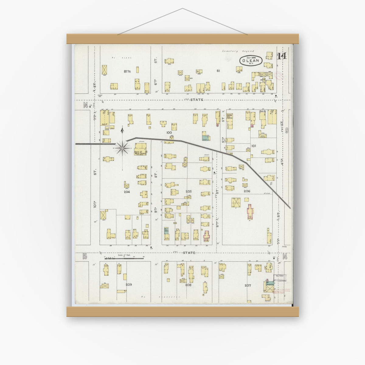 Old map wall art mockup — magnetic wood frame on white wall — Sanborn Fire Insurance Map from Olean, Cattaraugus County, New York (1894), Sheet #0014
