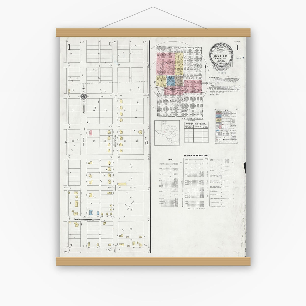 Old map wall art mockup — magnetic wood frame on white wall — Sanborn Fire Insurance Map from Big Lake, Reagan County, Texas (1949), Sheet #0001