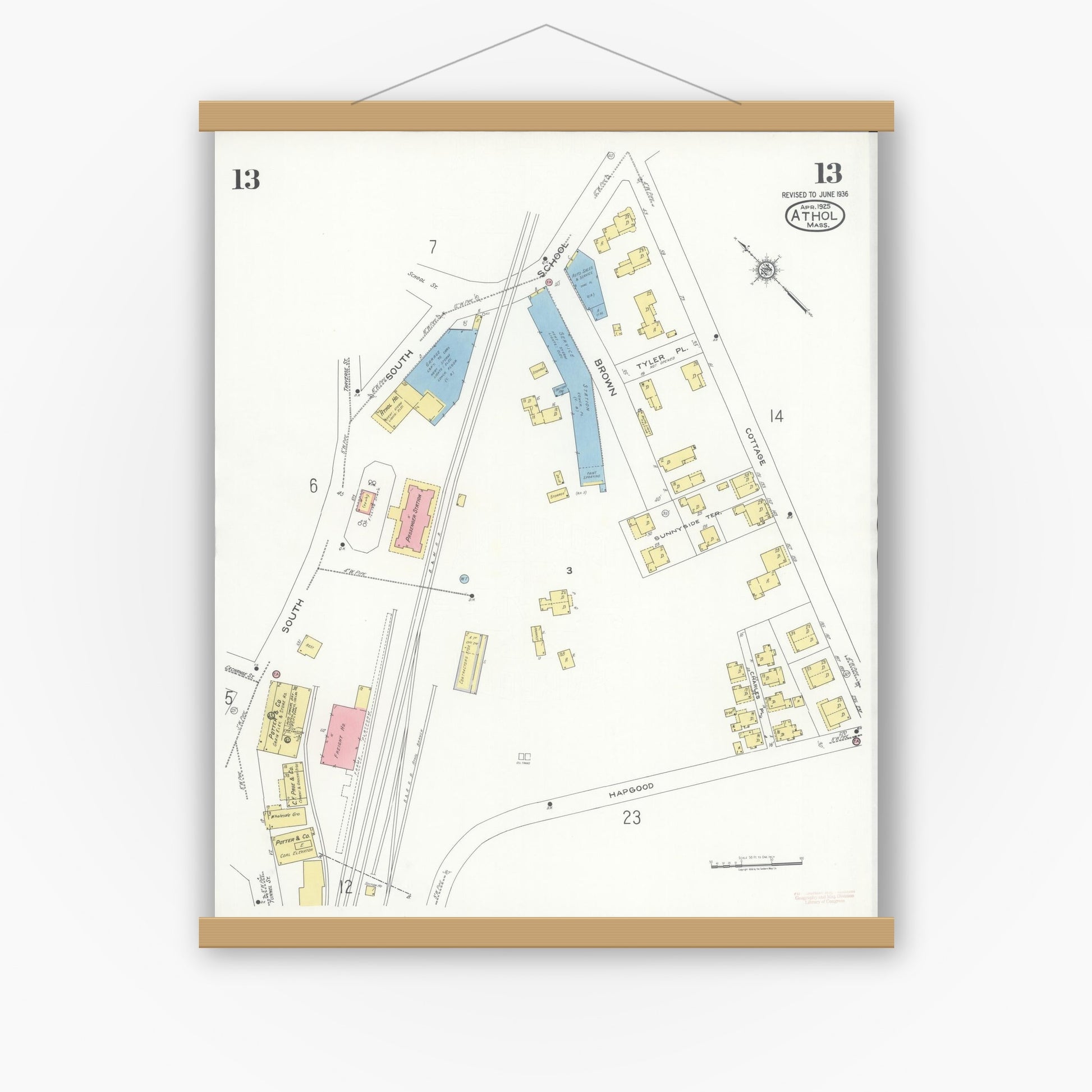 Old map wall art mockup — magnetic wood frame on white wall — Sanborn Fire Insurance Map from Athol, Worcester County, Massachusetts (1936), Sheet #0013