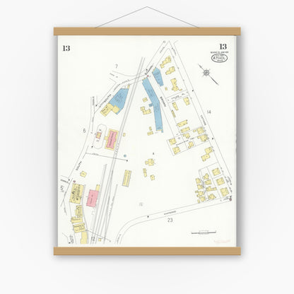 Old map wall art mockup — magnetic wood frame on white wall — Sanborn Fire Insurance Map from Athol, Worcester County, Massachusetts (1936), Sheet #0013