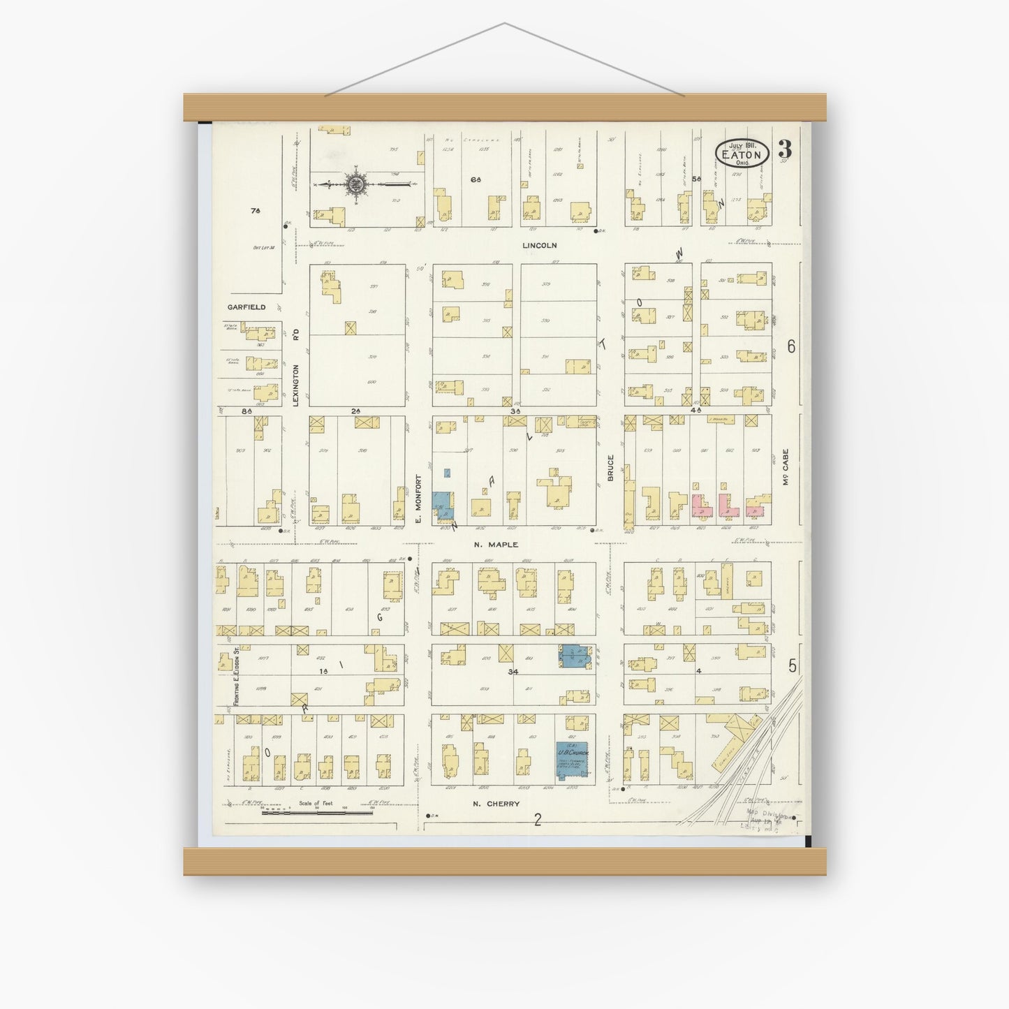 Old map wall art mockup — magnetic wood frame on white wall — Sanborn Fire Insurance Map from Eaton, Preble County, Ohio (1911), Sheet #0003