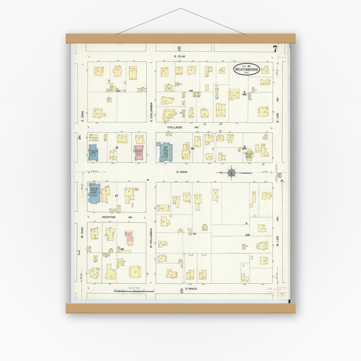 Old map wall art mockup — magnetic wood frame on white wall — Sanborn Fire Insurance Map from Weatherford, Parker County, Texas (1910), Sheet #0007
