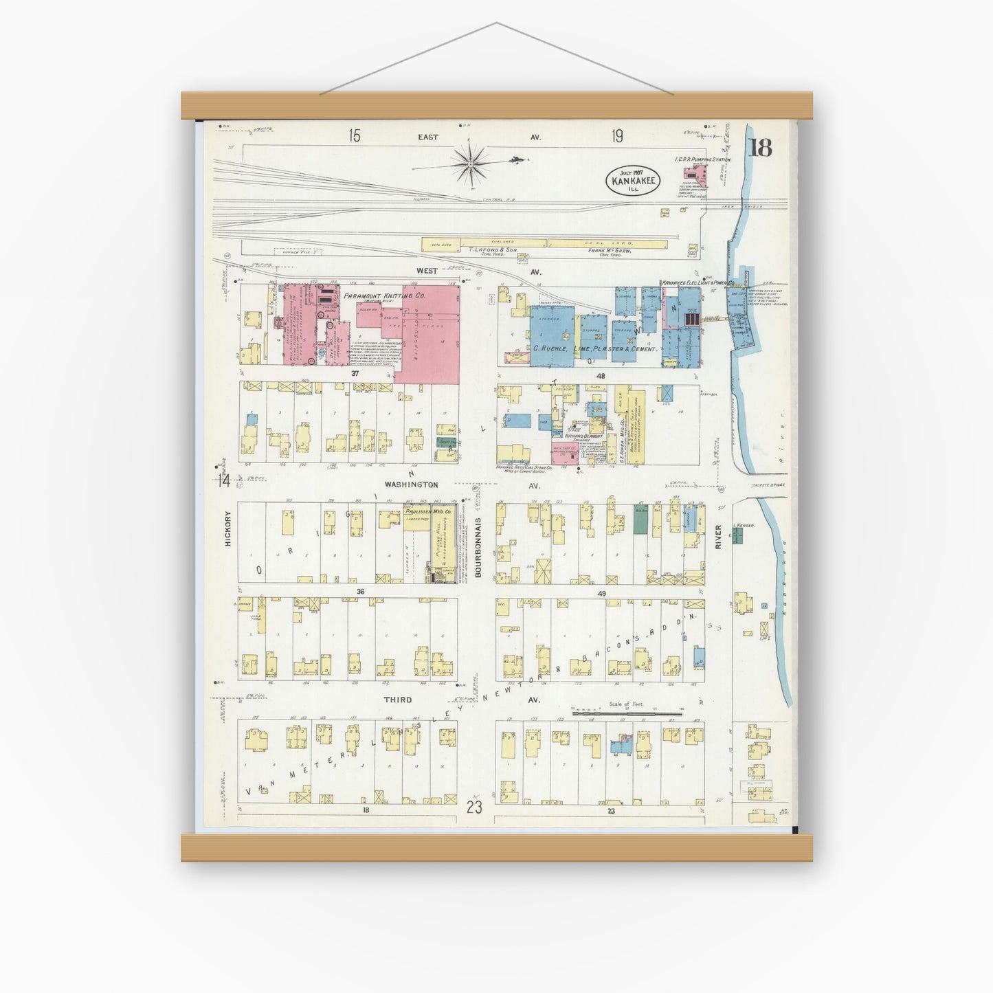 Old map wall art mockup — magnetic wood frame on white wall — Sanborn Fire Insurance Map from Kankakee, Kankakee County, Illinois (1907), Sheet #0018