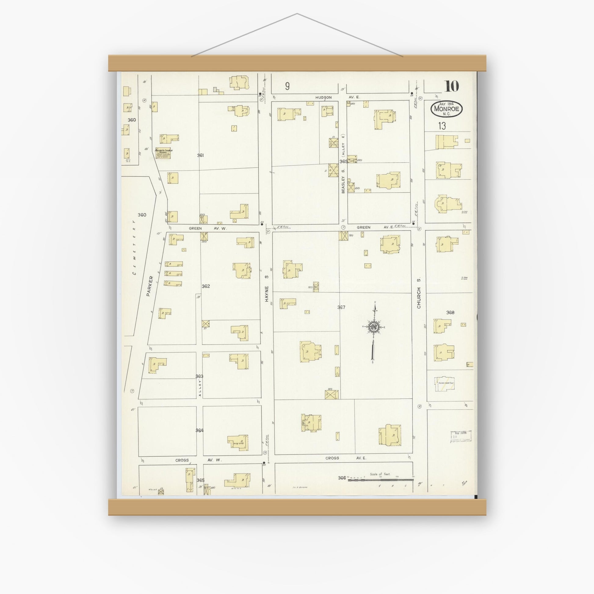 Old map wall art mockup — magnetic wood frame on white wall — Sanborn Fire Insurance Map from Monroe, Union County, North Carolina (1914), Sheet #0010